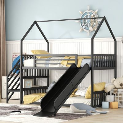 Twin Bunk Bed with Slide and Stairs