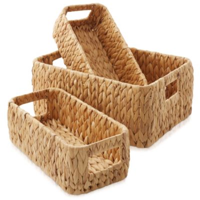 Water Hyacinth Storage Basket Set for Shelves - 1-Large, 2-Small - Woven Storage Bin Organizers with Handles