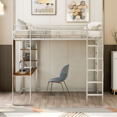 Full Size Metal Loft Bed With 2 Shelves And One Desk