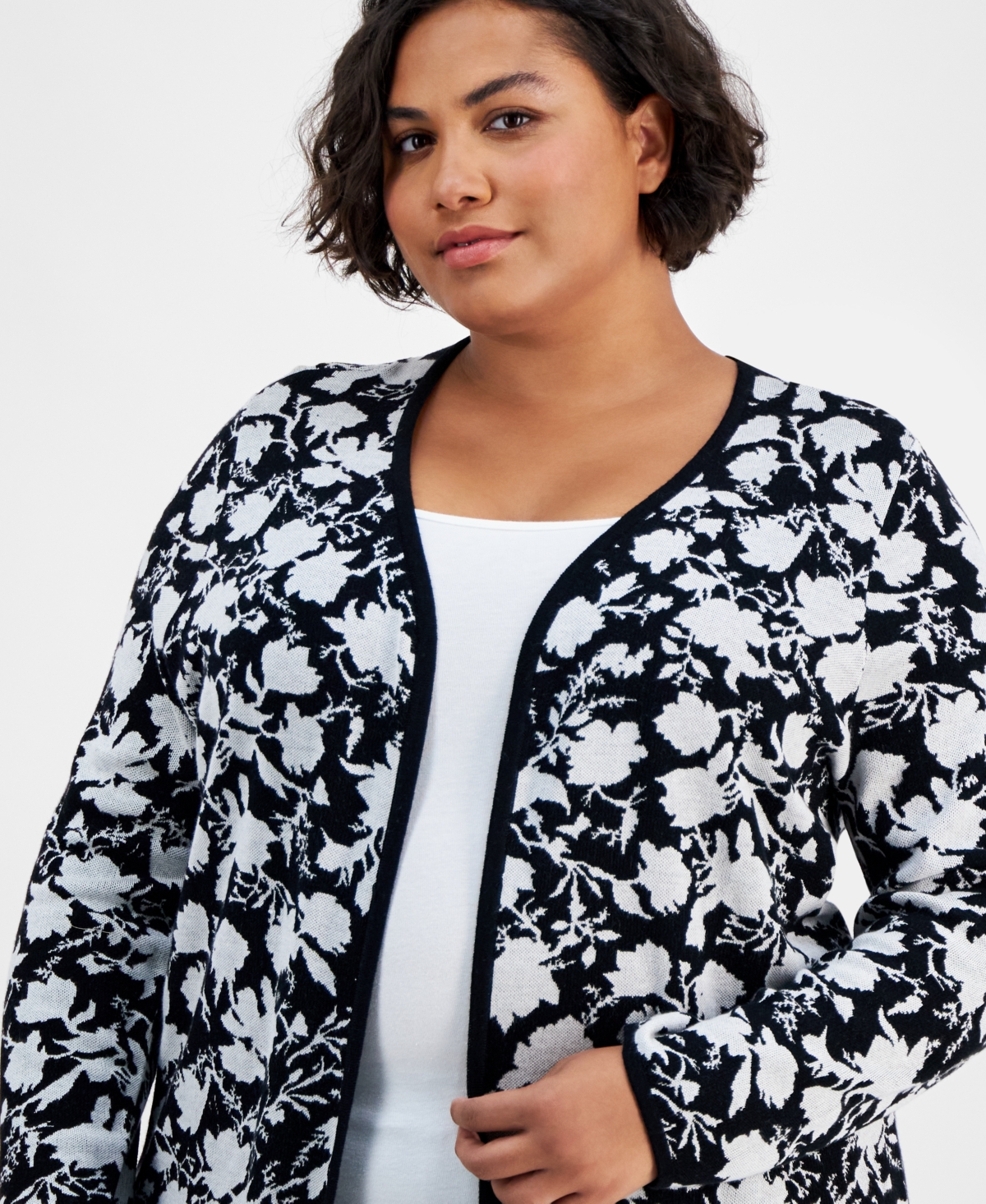 Jm Collection Plus Size Botanical-Print Open-Front Cardigan, Created for Macy's