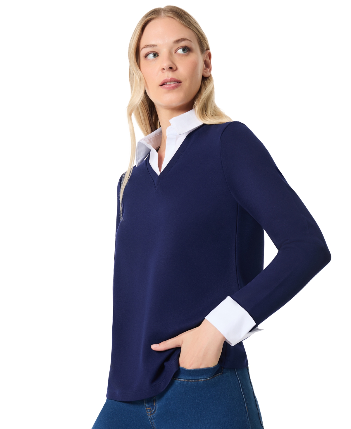 Jones New York Womens Serenity with Cotton Poplin Long Sleeve V-Neck Twofer Top