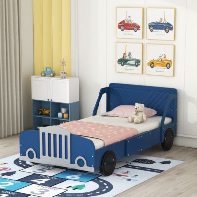 Streamdale Twin Size Car-Shaped Platform Bed With Wheels, Blue
