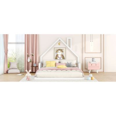  Full Size Wood Floor Bed With House-Shaped Headboard