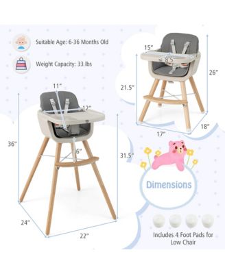 Toddler 3 in 1 Convertible Wooden High Chair Feeding Chair with Cushion