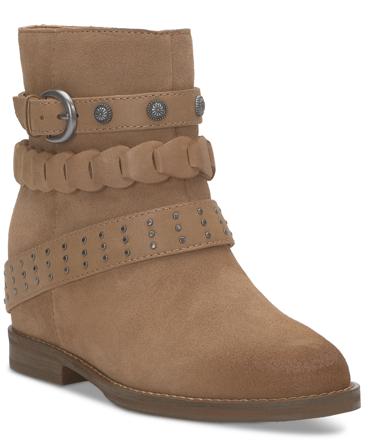 LUCKY BRAND WOMEN'S MIAV STRAPPY BUCKLE STUDDED HARNESS BOOTIES 
