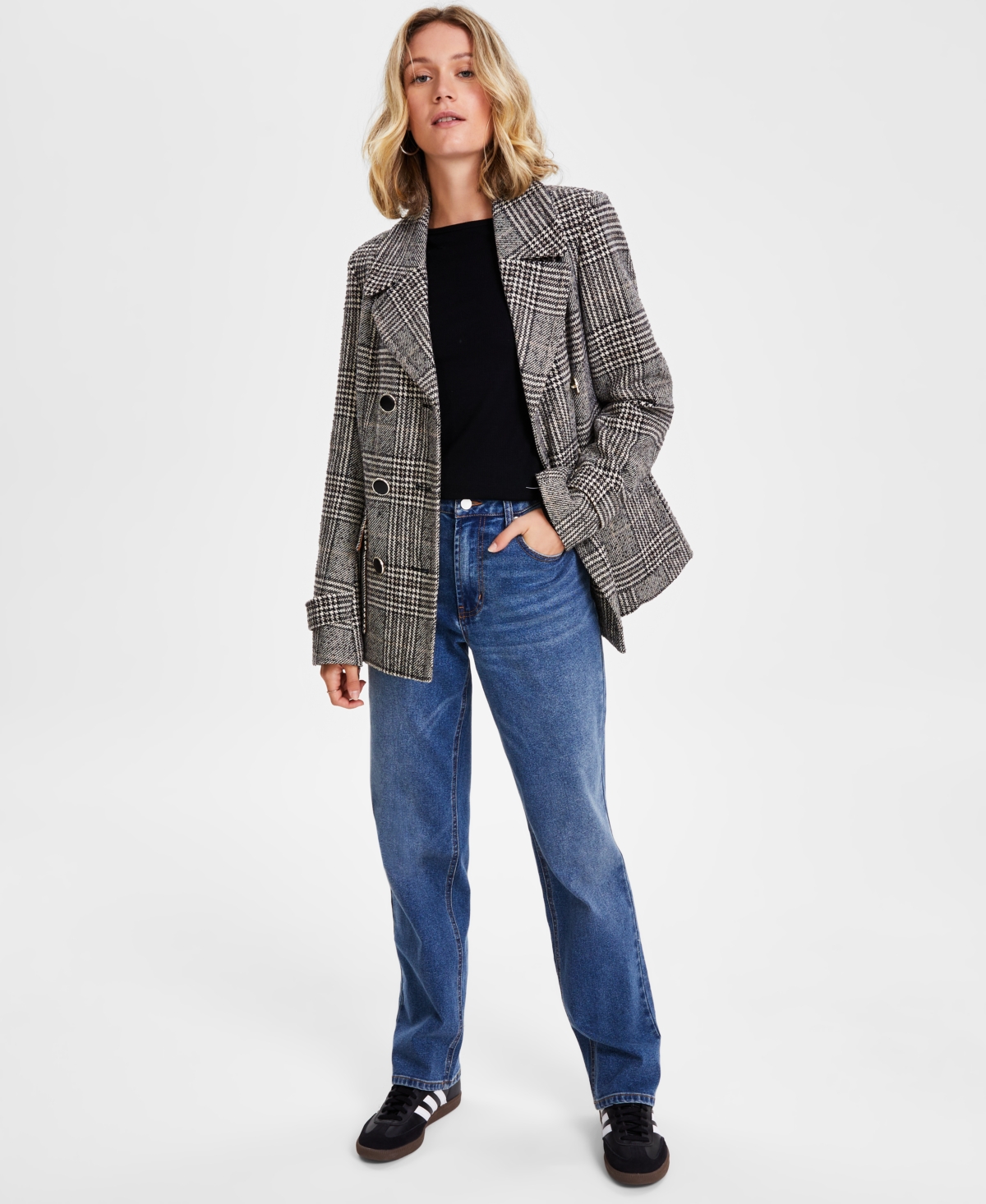 Maralyn & Me Juniors' Double-breasted Long-sleeve Peacoat, Created For Macy's In Beige Houndstooth