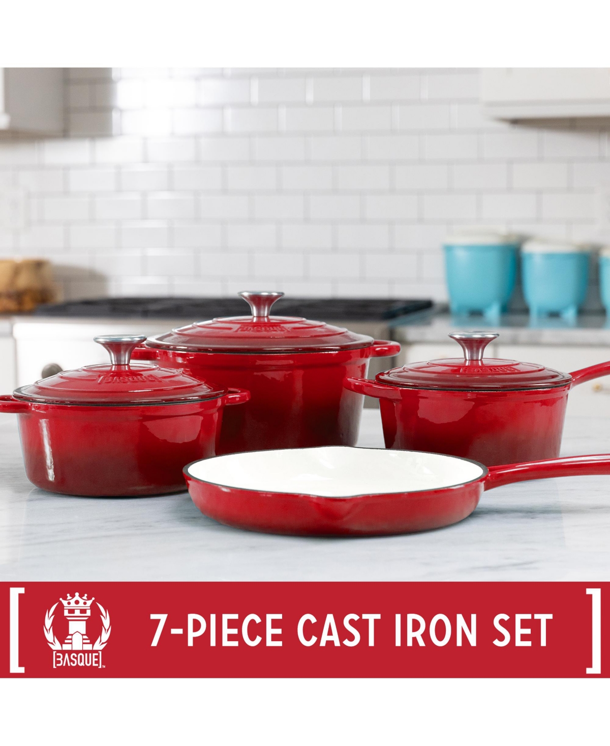 Basque Enameled Cast Iron Cookware Set, 7-Piece Set (Rouge), Nonstick, Oversized Handles, Oven Safe Skillet, Saucepan, Small Dutch Oven, Large Dutch O