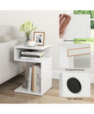 S-Shaped Side Table with Unique S-shaped Frame and 2 Open Compartments-White