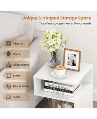 S-Shaped Side Table with Unique S-shaped Frame and 2 Open Compartments-White
