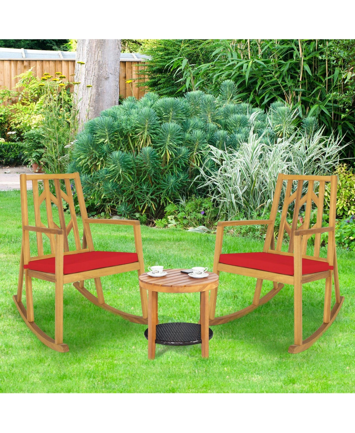 Slickblue Patio Acacia Wood Rocking Chair Sofa with Armrest and Cushion for Garden and Deck