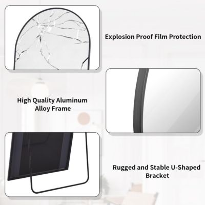 64"x21" Arched Full-Length Mirror with Black Aluminum Alloy Frame, Rounded Corners, Standing, Hanging, Leaning