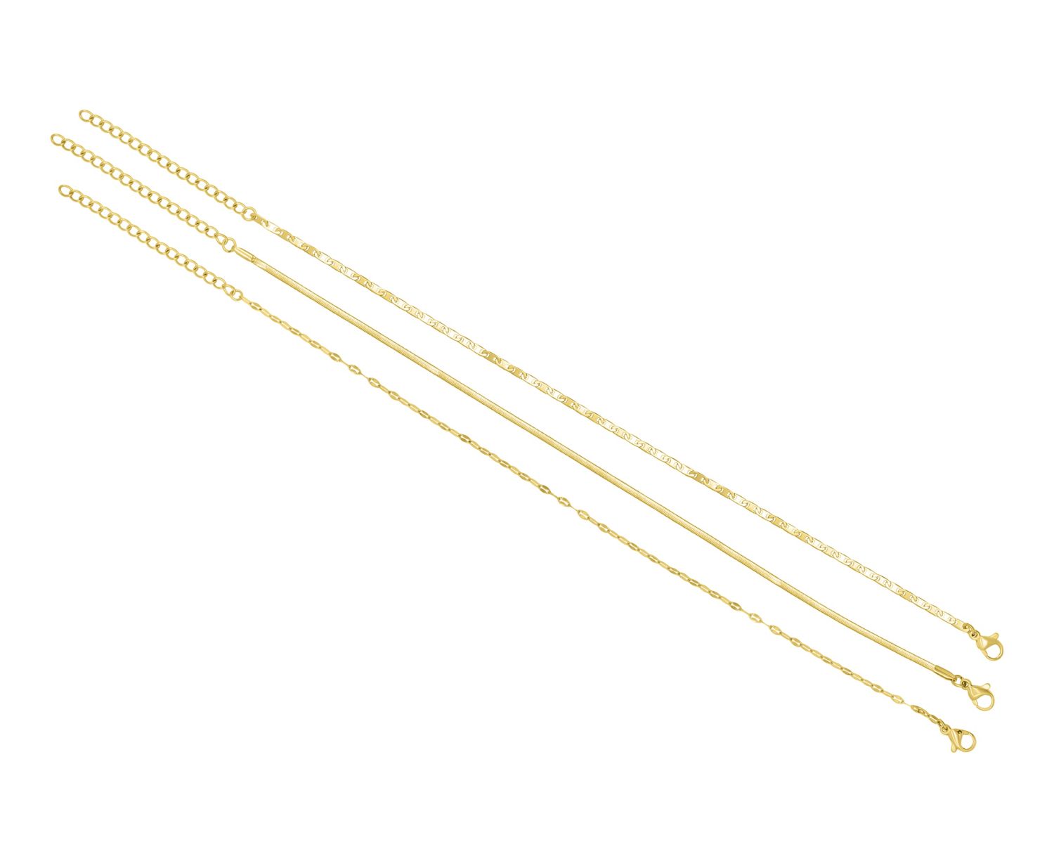 Gold Tarnish Resistant Adjustable 9-11" Herringbone, Valentina and Mariner Chain Anklet Set