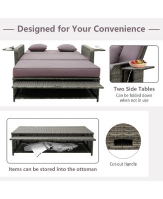 Wicker Loveseat Sofa with Multipurpose Ottoman and Retractable Side Tray