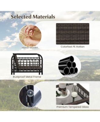 4 Pieces Outdoor Wicker Conversation Bistro Set with Soft Cushions and Tempered Glass Coffee Table