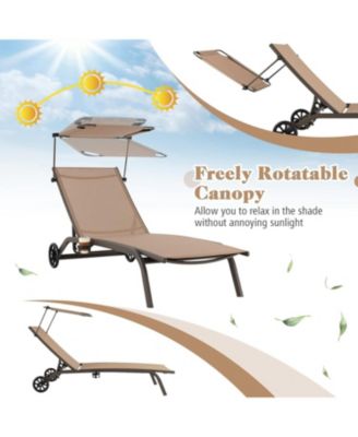 Patio Heavy-Duty Adjustable Chaise Lounge Chair with Canopy Cup holder and Wheels