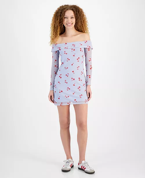 juniors' off-the-shoulder mesh mini dress