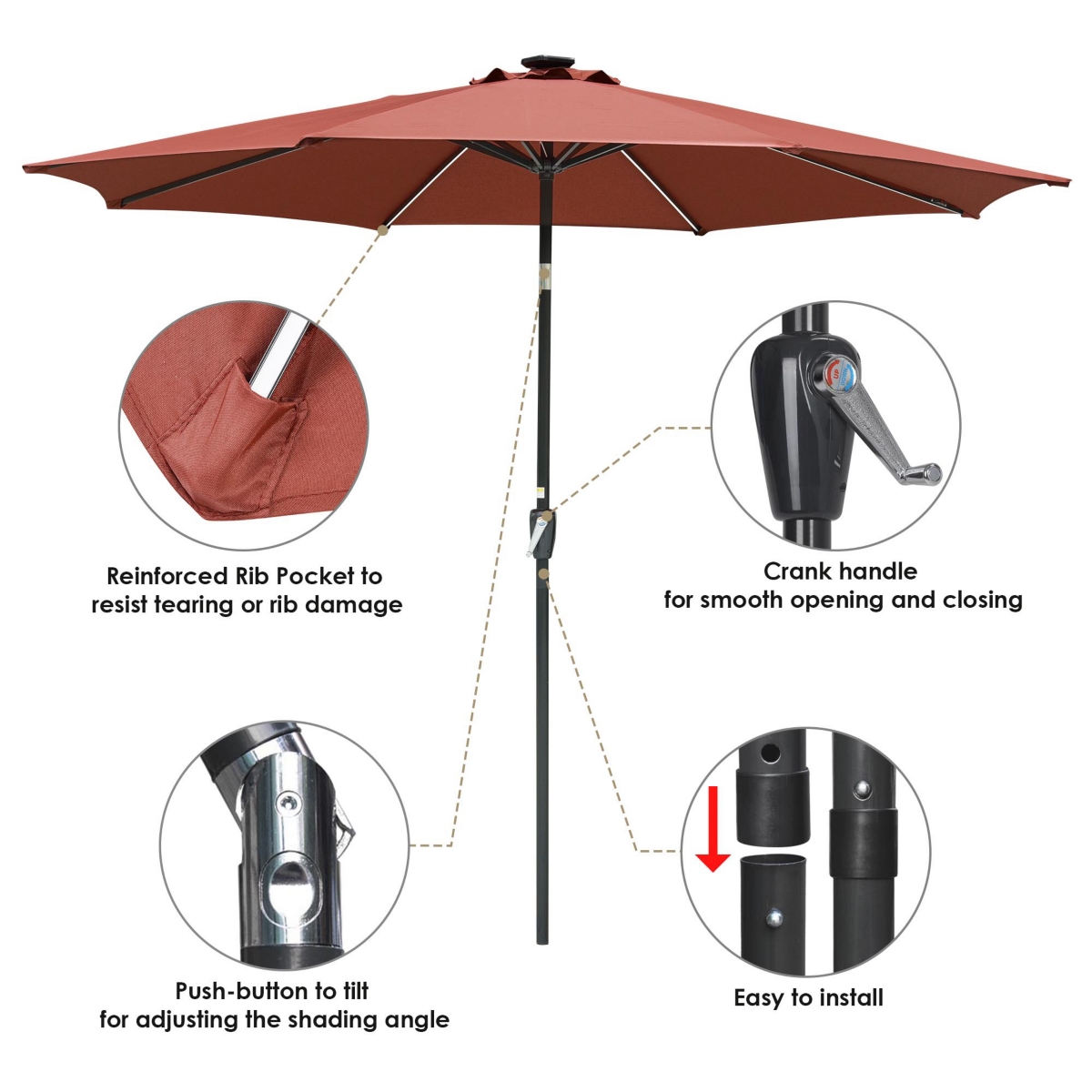 Yescom Ft Solar Powered Patio Umbrella with Tilt and Crank Outdoor Garden Backyard