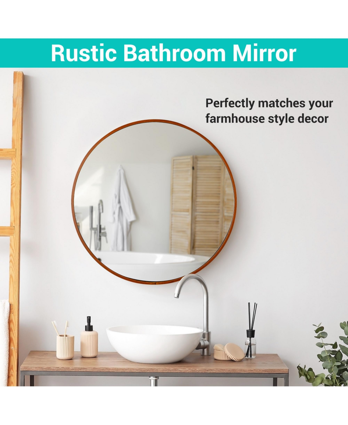 Aquaterior Bathroom Ceramic Vessel Sink Faucet Drain Kit w/ Round Wooden Mirror