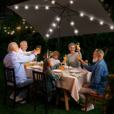 10x6.5FT Brown Rectangle Solar LED Patio Umbrella with Crank Tilt for Outdoor Table, Yard, Deck & Pool Use