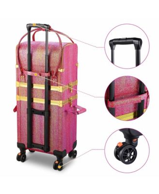 Red Gold Makeup Train Case Lockable Rolling Cosmetic Trolley Storage