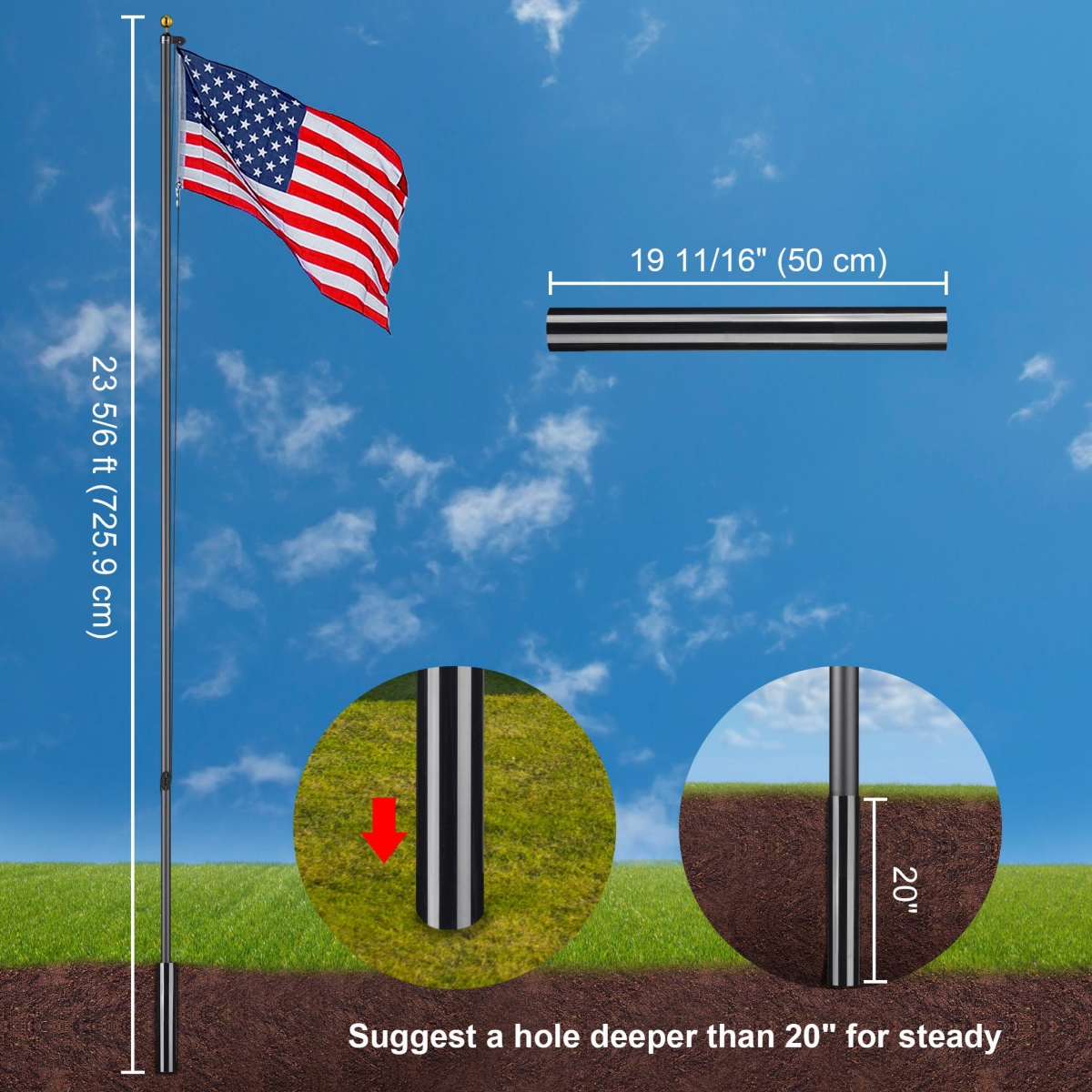 25 Ft Sectional Aluminum Flag Pole Kit with 111 Led Solar Light Us Flag Outdoor