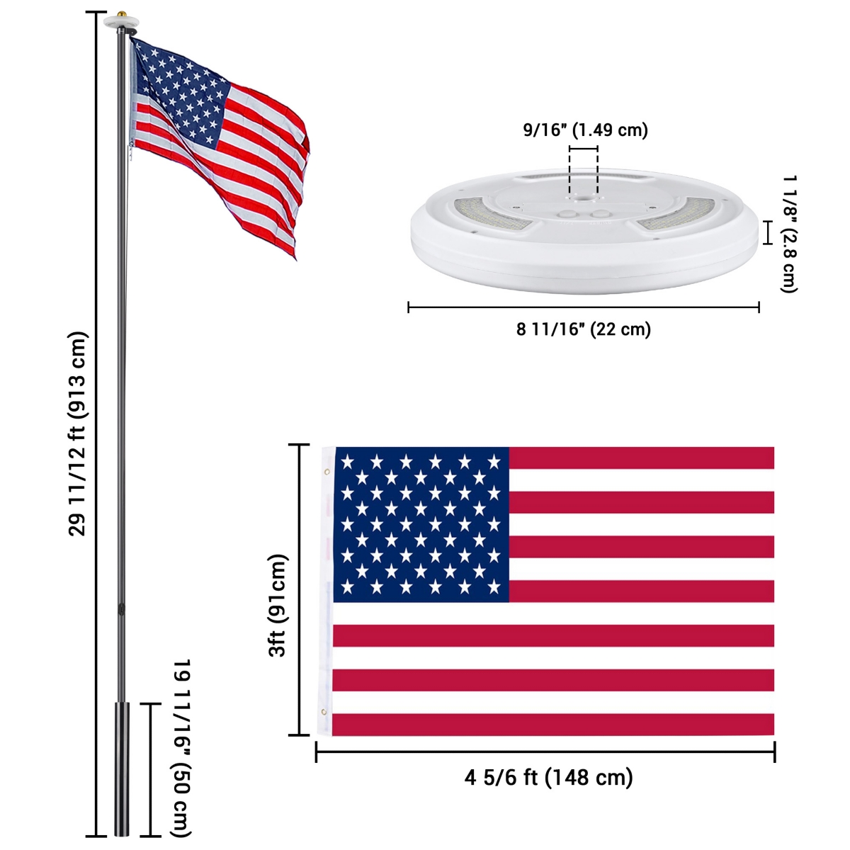30 Ft Sectional Aluminum Flag Pole Kit with 111 Led Solar Light Us Flag Outdoor
