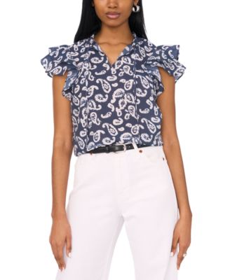 1.STATE - Women's Printed Tie-V-Neck Flutter-Sleeve Top