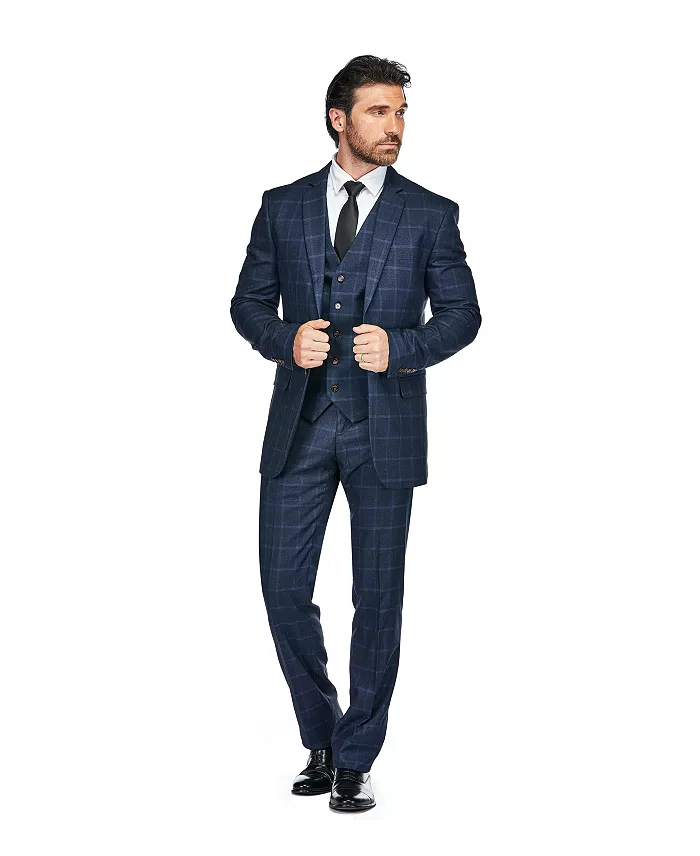 Men's 3-Piece Windowpane Plaid Slim Fit Suit - thumbnail 9