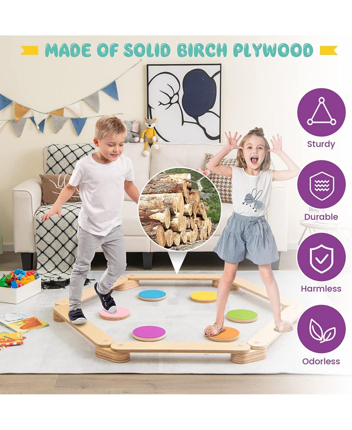 Детские игрушки SUGIFT 12-Piece Wooden Balance Beam with Colorful Stepping Stones Set, Ages 3-7 — фото 7
