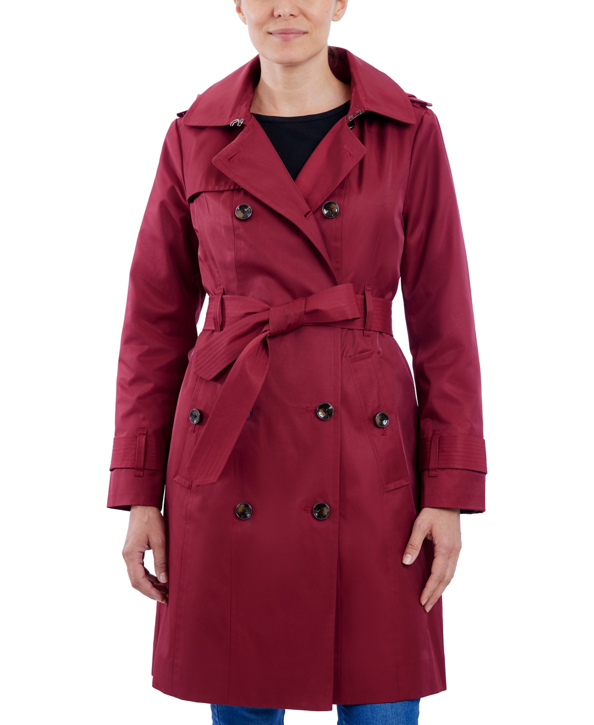 Women's Double-Breasted Hooded Trench Coat, Created for Macy's - Cranberry