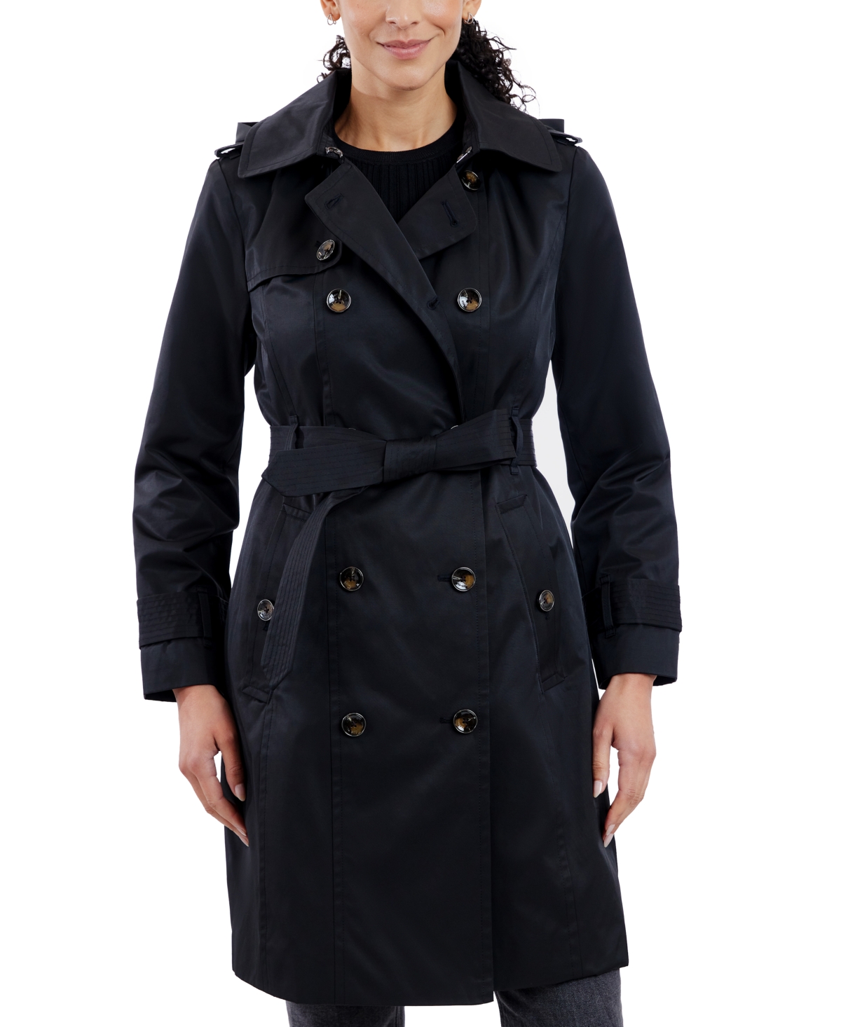 Women's Double-Breasted Hooded Trench Coat, Created for Macy's - Black