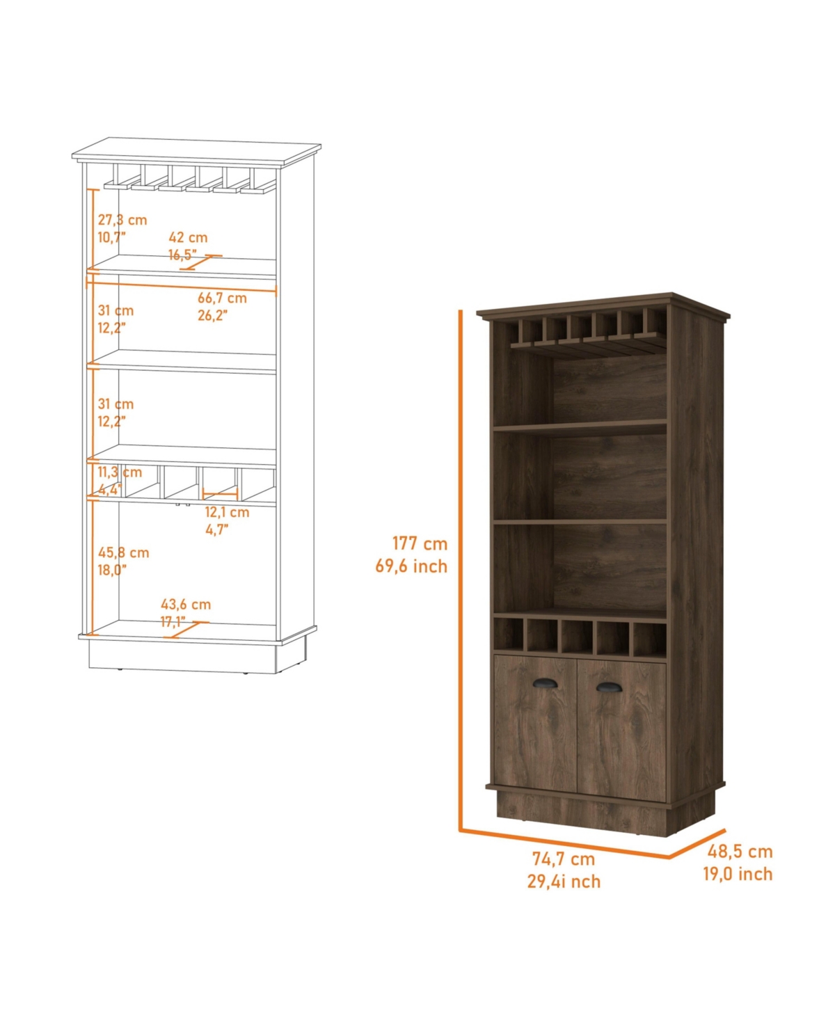Fm Furniture Sophia Bar Cabinet with Glassware Rack and Five Bottle Racks