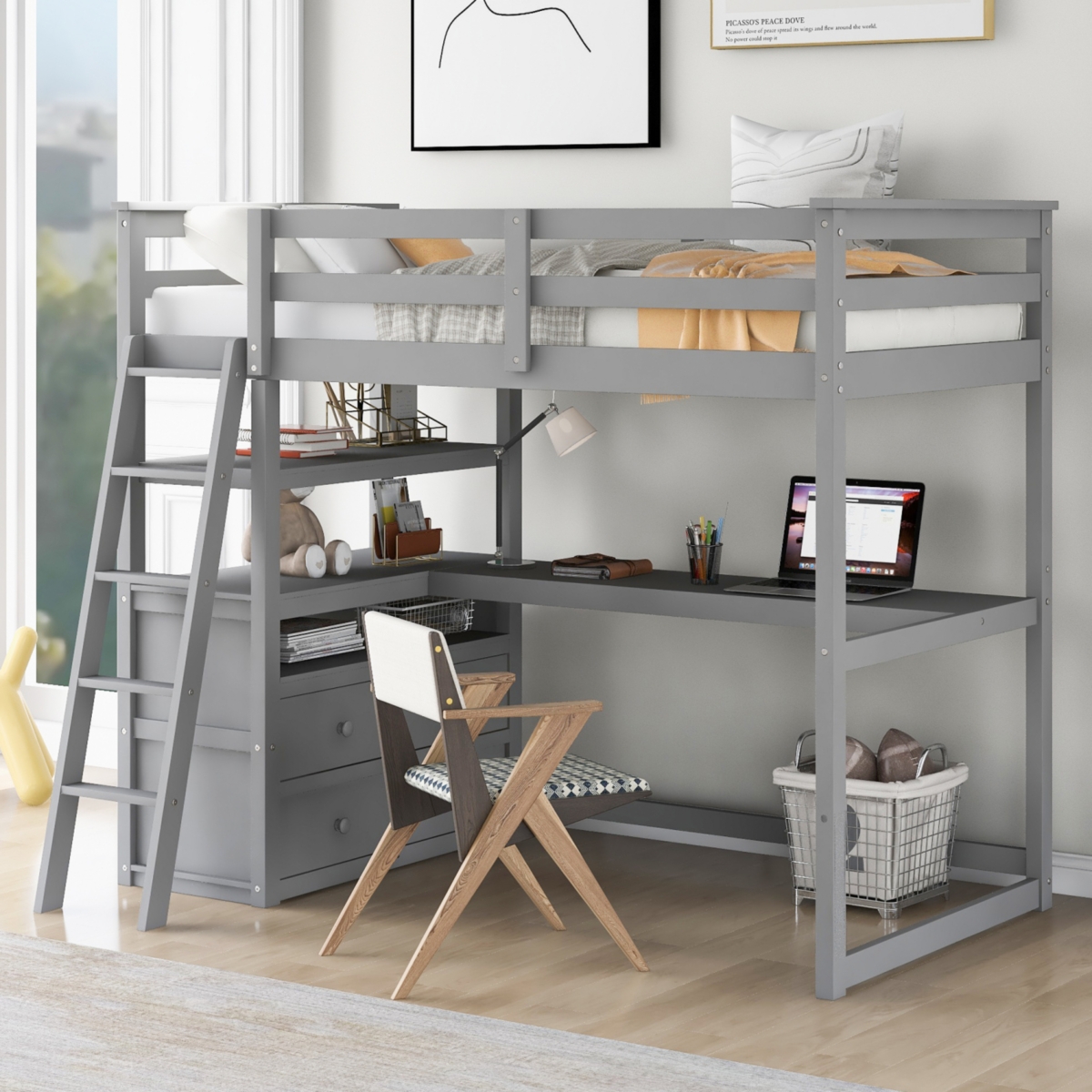Simplie Fun Twin Loft Bed With Desk And Shelves, Two Built-In Drawers