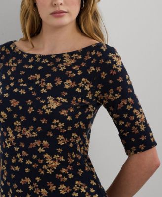 knee length dresses for ladies Lauren Ralph Lauren Floral Stretch Cotton Midi Dress In Navy Multi main image 1