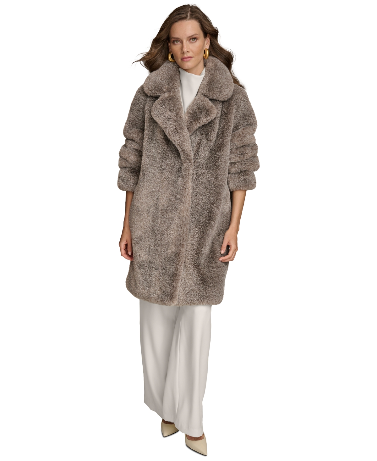 Donna Karan Women s Notched collar Faux fur Coat In Brown Mix ModeSens