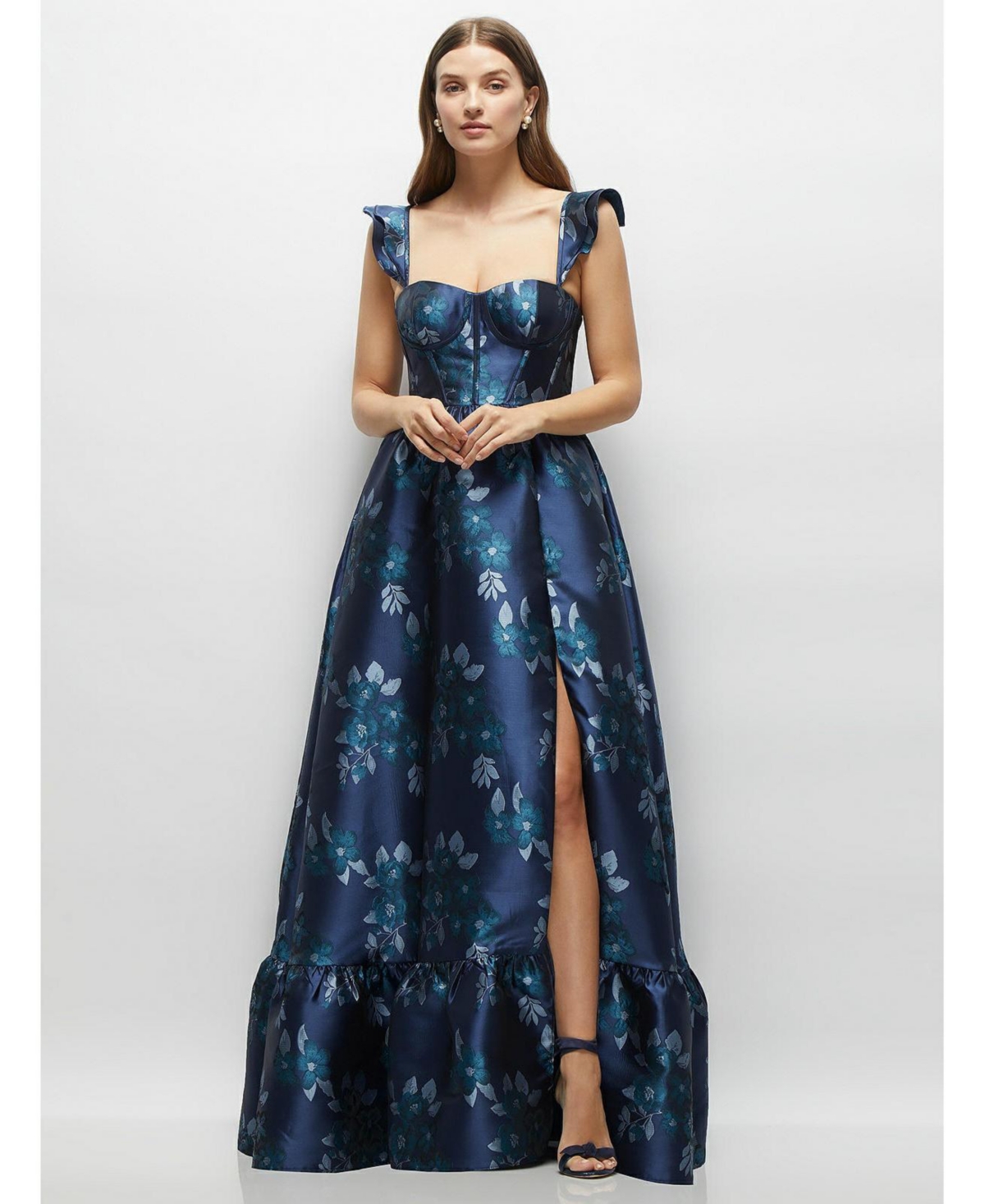 Women's Baroque Rose Damask Floral Corset Maxi Dress with Ruffle Straps & Skirt - Midnight navy damask