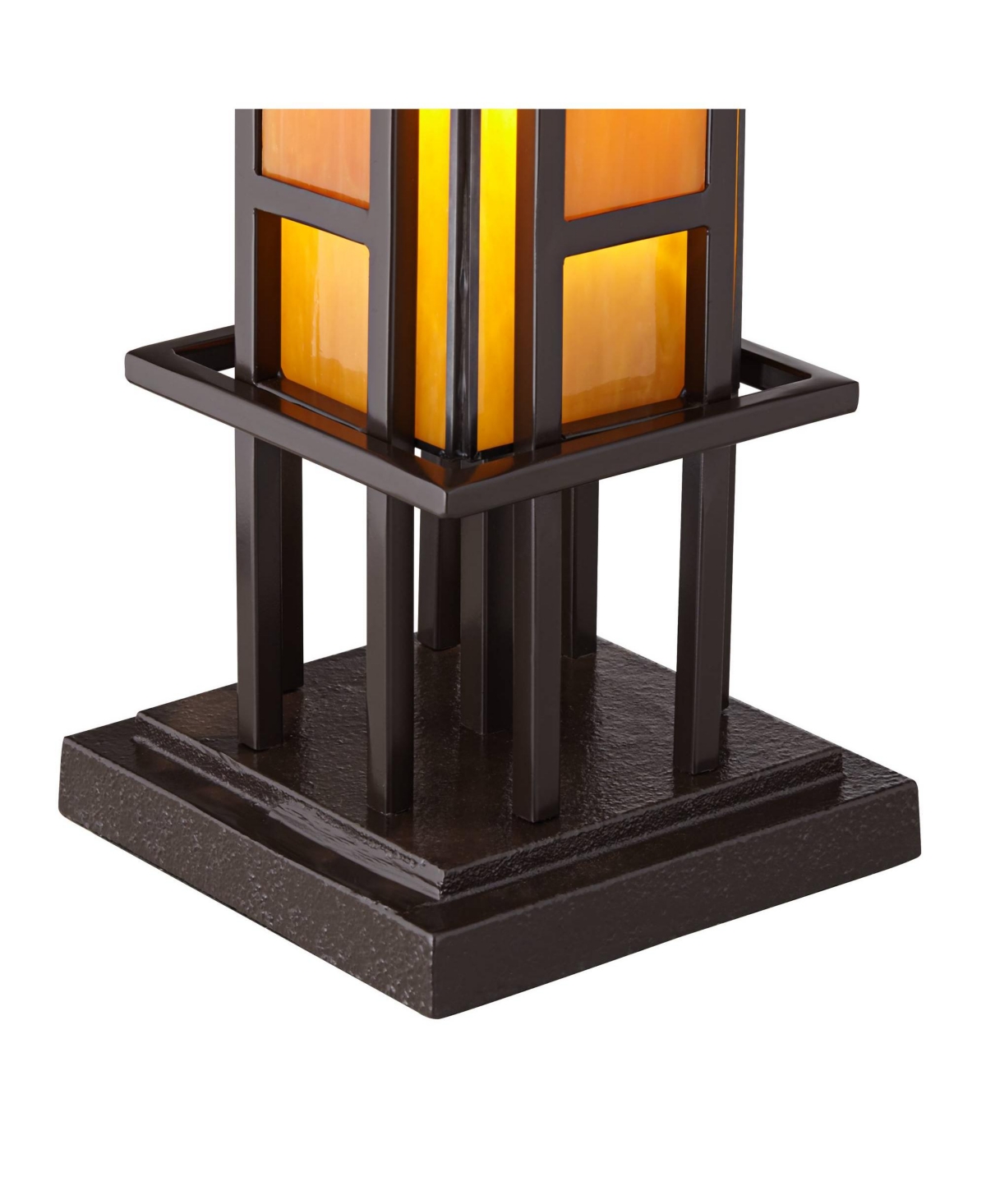 Prairie Style Mission Rustic Pillar Accent Table Lamp Bronze Iron Column Hand-Cut Amber Stained Art Glass for Living Room Bedroom House Bedside Nights