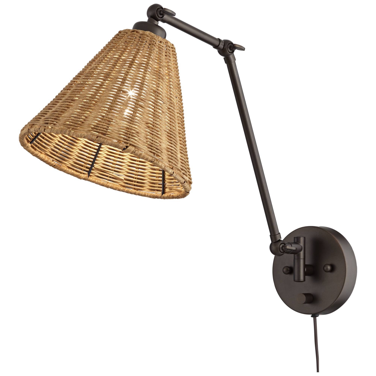 Barnes and Ivy Rowlett Cottage Swing Arm Adjustable Wall Mounted Lamp with Cord Bronze Plug-In Light Fixture Natural Rattan Shade for Bedroom Bedside
