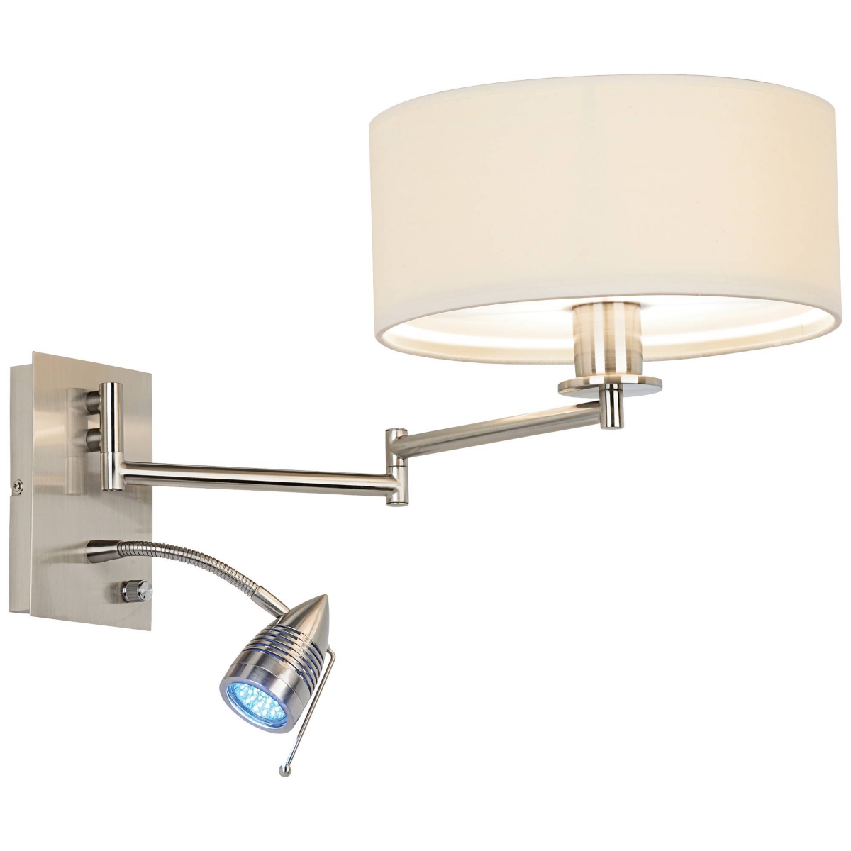 Tesoro Modern Swing Arm Wall Mounted Lamp Adjustable Led Brushed Nickel Plug-In Light Fixture Off White Drum Shade for Bedroom Bedside House Reading