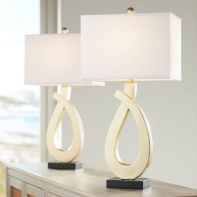 Simone Modern Table Lamps 28" Tall Set of 2 Sculptural Gold Metal USB Charging Port White Rectangular Shade Bedroom Living Room