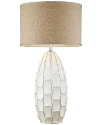 Cosgrove Mid Century Modern Coastal Table Lamp 32.75" Tall Ceramic White Handcrafted Beige Fabric Drum Shade Decor for Living Room Bedroom House Bedside Home (Colors May Vary) - Possini Euro Design