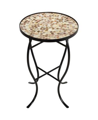Modern Black Round Outdoor Accent Side Tables 14" Wide Set of 2 Natural Mosaic Tabletop for Front Porch Patio Home House
