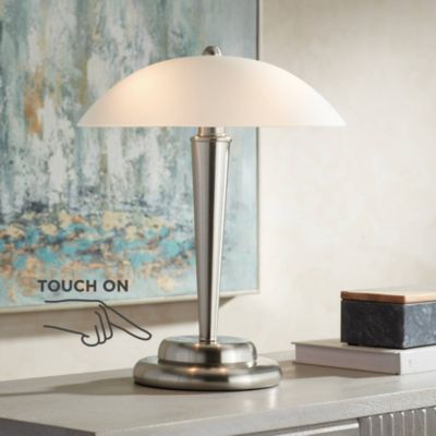 Deco Modern Accent Table Lamp 17" High Brushed Steel Touch On Off White Glass Dome Shade for Bedroom Bedside Nightstand Office Family