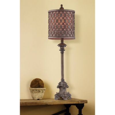 French Buffet Table Lamp Beige Scroll Metal Lattice Candlestick Framed Cylinder Shade for Dining Room