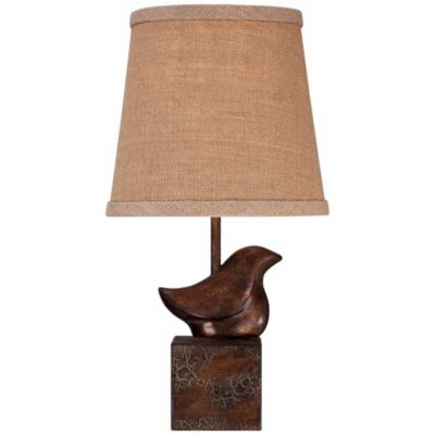 Bird Moderne Rustic Farmhouse Accent Table Lamp 15 1/2" High Sculptural Crackle Bronze Brown Natural Burlap Drum Shade Bedroom Nightstand