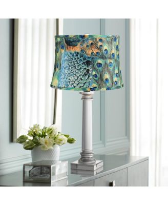 Peacock Print Medium Drum Lamp Shade 14" Top x 16" Bottom x 11" Slant (Spider) Replacement with Harp and Finial