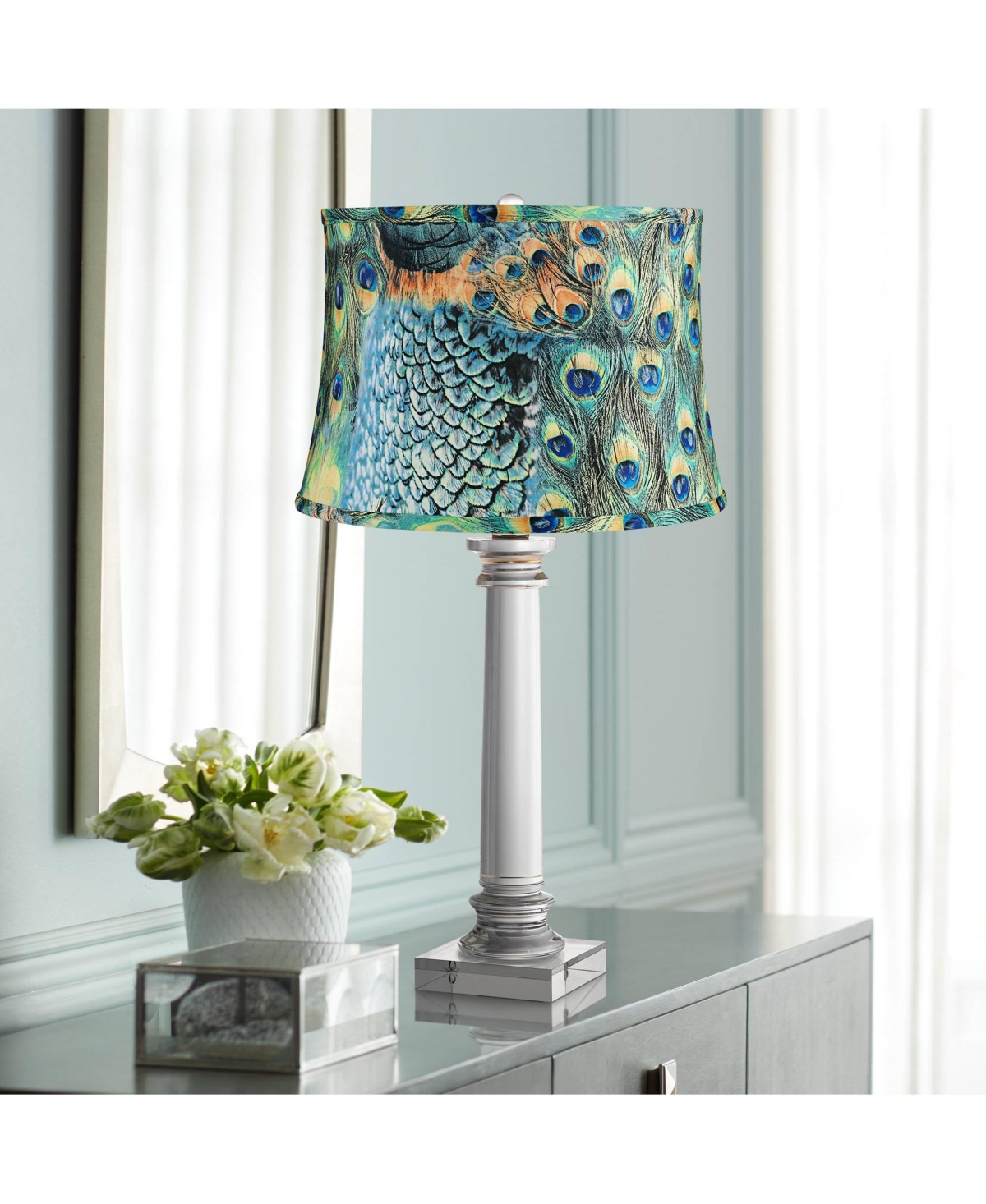 Peacock Print Medium Drum Lamp Shade Top x Bottom x Slant (Spider) Replacement with Harp and Finial - Spring crest