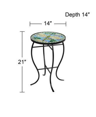 Dragonfly Modern Black Metal Round Outdoor Accent Side Table 14" Wide Blue Green Mosaic Tile Inlay Tabletop Gracefully Curved Legs for Spaces Porch Patio Home House Balcony Deck - Teal Island Designs