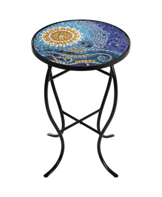 Modern Black Round Outdoor Accent Side Tables 14" Wide Set of 2 Blue Mosaic Tabletop for Front Porch Patio Home House