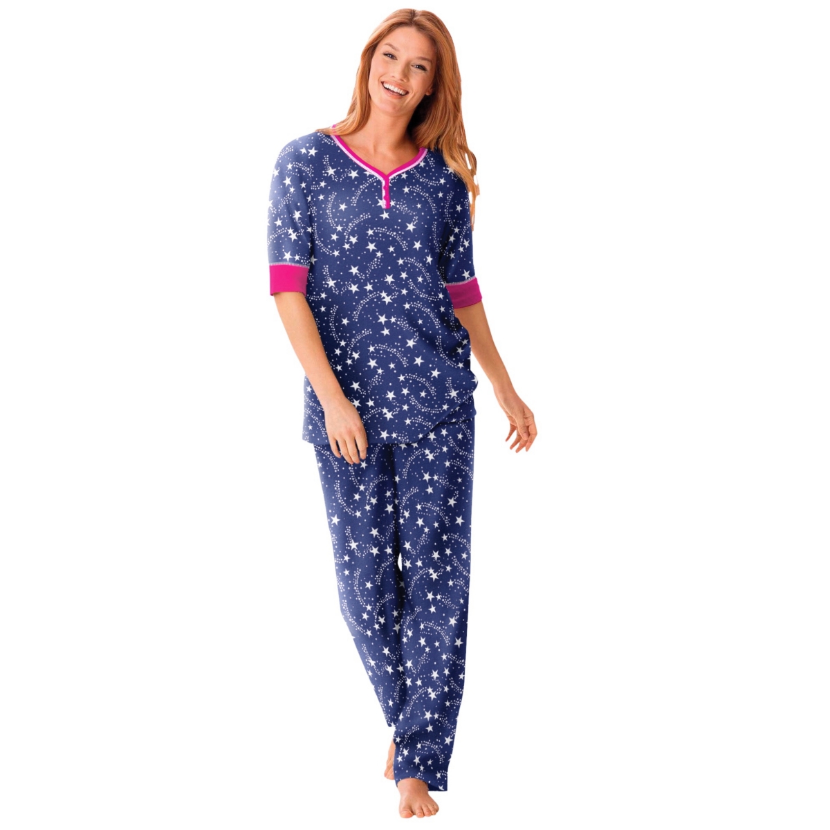 Dreams & Co. Plus Size Printed Henley Pj Set